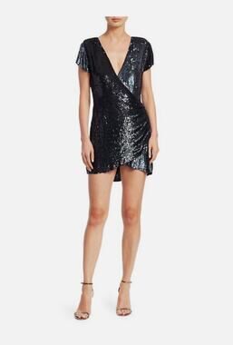 Retrofete Two-Tone Sequin Wrap Mini Dress Plunging Black Silver XS NWOT